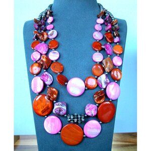 3 Strand Pink & Orange Shell Bead Necklace, Rhinestone Accents & Lobster Clasp